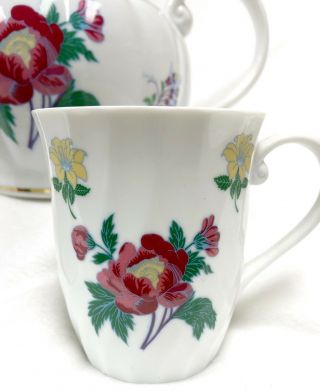 Laura Ashley Pardons Tea Cup Set Teapot Pink Yellow Flowers 2 Teacups 3
