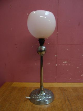 Vintage Art Deco Chrome Table Lamp Base With Slightly Pink Milk Glass Shade