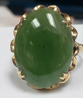 Antique 14k Yellow Gold Large 20mm Oval Green Jade Solitaire Size 12 Ring 5 Gram