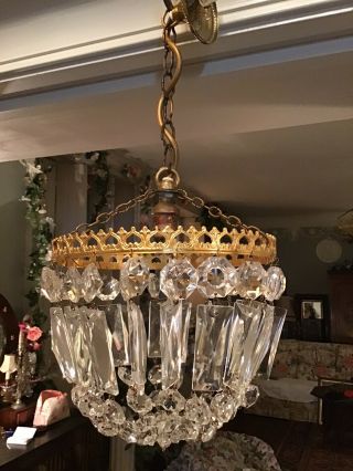 Good Sparkly Vintage Crystal Gilt Metal Ceiling Bag Chandeleir Light 17” Drop