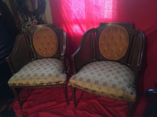 Vintage Pair (2) French Regency Style Caned Barrel Chairs Velvet Tufted Back