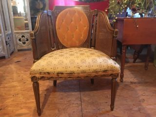Vintage pair (2) French Regency style caned barrel chairs velvet tufted back 3