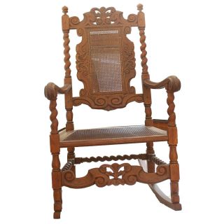 Antique Early 1900s Hand Carved Oak Rocking Chair