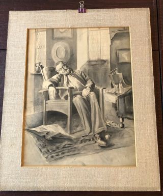 Gouache/watercolor Man Sleeping In Gustav Stickley Bow Arm Morris Chair 1930 
