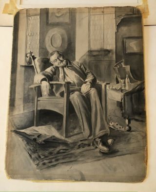 Gouache/watercolor man sleeping in Gustav Stickley Bow Arm Morris chair 1930 ' s 2