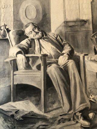 Gouache/watercolor man sleeping in Gustav Stickley Bow Arm Morris chair 1930 ' s 3