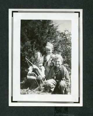 Vintage Photo Boys In Costume Playing Cowboys & Indians Toy Bow & Arrow 439095