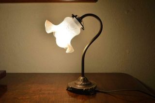 1920s Art Nouveau Styled Brass Swan Neck Table Lamp With 20s Shade