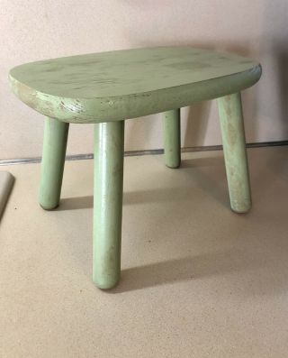 Vintage Primitive Small Wood Foot Stool Display Celery Green Paint Oval Top