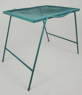 Vintage Wrought Iron Mesh Metal Patio Accent Table Plant Stand Teal Mid - Century