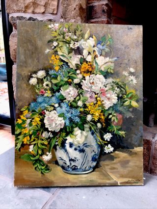 Large Vintage Floral Flowers Oil Painting Canvas Gorgeous Listed Artist Pa