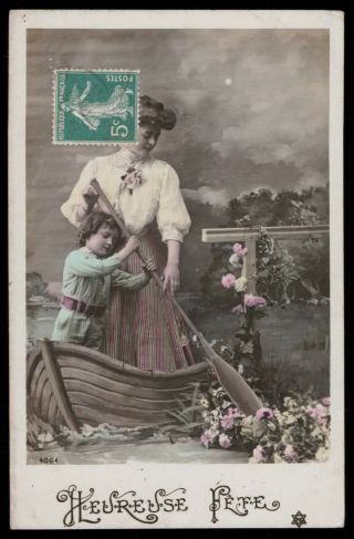 Set Of 4 Vintage Photo Postcard 1910s Mother Child Boy Boat Sail