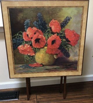 Vintage Painted Floral Folding Card Table With A Red Poppy Bouquet