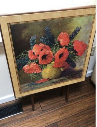 Vintage Painted Floral Folding Card Table With A Red Poppy Bouquet 2