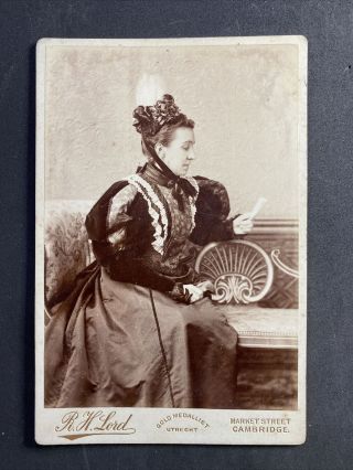 Victorian Cabinet Card: Elegant Lady Reading Unusual Bonnet: Lord: Cambridge