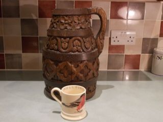 Antique Victorian 19th Century Carved Oak Wood Jug Pitcher Gothic Barrel Style