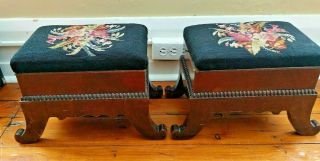 Set Of 2 Vintage Needlepoint Foot Stool Wooden Antique Floral Tapestry Flowers
