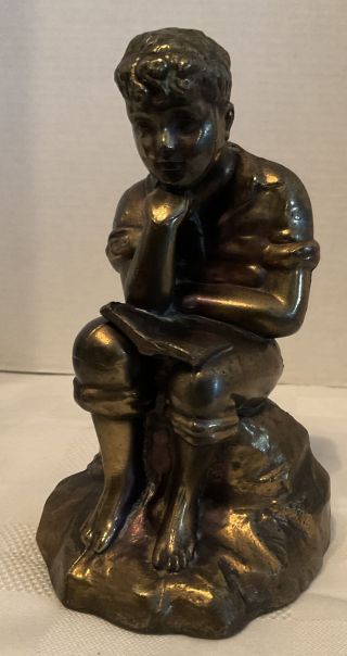 Sitting Boy Reading Book Bookend Cast Metal Vintage Brass Look