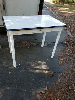 Vintage Enamel Top Farm Table White.  40 In Wide 25 In Deep 33 In With Drawer.