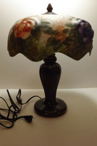 Vintage Reverse Painted Pairpoint Style Puffy Rose Lamp Hand Painted Floral
