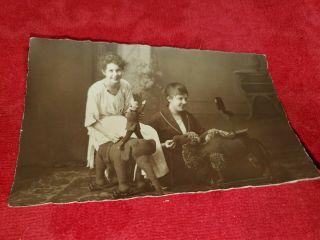 Vintage Photo Postcard Rppc Of 2 Girls With Weird Elephant Toys On Wheels