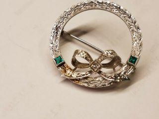 Antique 14k White Gold Wreath Pin With Diamond And Emeralds