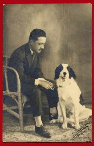 23090 Athens Greece 1930s.  Man With Dog.  Photo Pc Size Rppc.  Kokkonis.