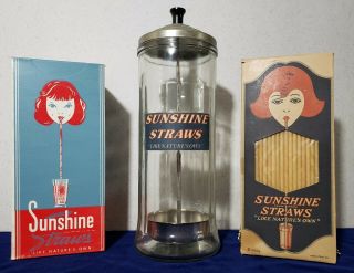 Vintage Rare Sunshine Straws Dispenser & 2 Old Boxes Of Sunshine Straws Herz Co