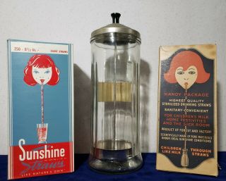 Vintage Rare Sunshine Straws Dispenser & 2 Old Boxes of Sunshine Straws Herz Co 2