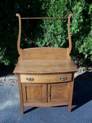 Antique Oak Or Ash Wash Stand/commode/dry Sink W/drawer,  Cabinet & Towel Rack