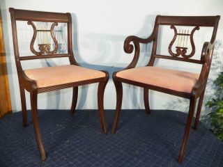 Vintage Carved Lyre Back Arm & Side Chairs Mahogany Finish Duncan Phyfe Style