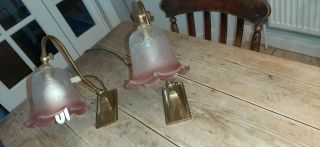 Pair Vintage Edwardian Style Brass Adjustable Table Lamps Cranberry Shades
