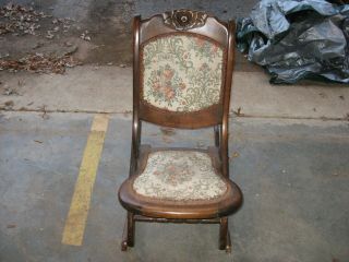 Vintage Antique Victorian Wood Folding Rocking Chair Floral Tapestry