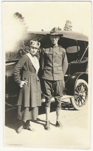 1920s Young Woman And American Soldier With Car Snapshot