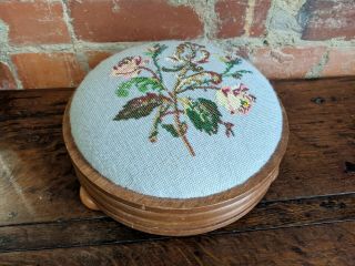 Vintage Antique Needlepoint Round Foot Stool - Tapestry
