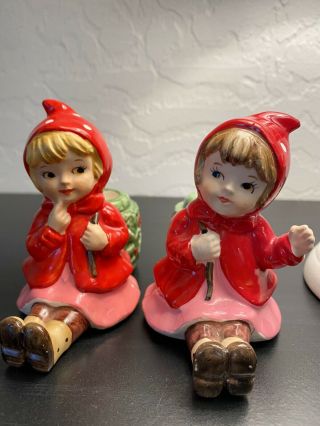 2 Vintage Lefton Little Red Riding Hood Pixie Girls Holly Berry Candle Holders