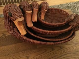 Vintage Set Of 4 Nesting Woven Wicker Duck Baskets Wood Beaks