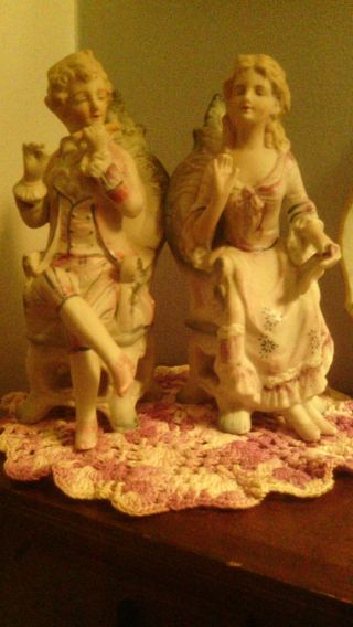 Vintage L & M Marked Bisque Figurines Lady And Man On Chairs 6 3/4 H 2