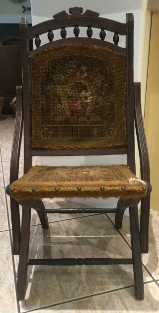 Antique Victorian Rare Equestrian Horseshoe Tapestry Folding Chair