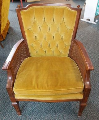 Vintage Mid Century Modern Cane Chair With Mustard Yellow Tufted Velvet Fabric