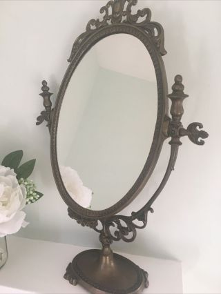 Vintage French Style Ornate Brass Tilting Oval Dressing Table Vanity Mirror