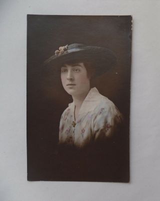 C1910 Tinted Photograph.  Studio Portrait Of A Young Woman In A Blue Hat.  Style