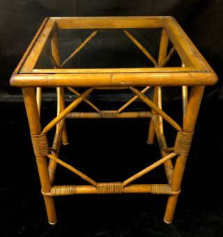 Vintage Mid Century Modern Rattan Bamboo End Side Table Glass Top Plant Stand