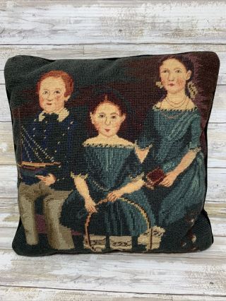 Vintage Petit Point Needlepoint Pillow Victorian Portrait Children Boy Girls