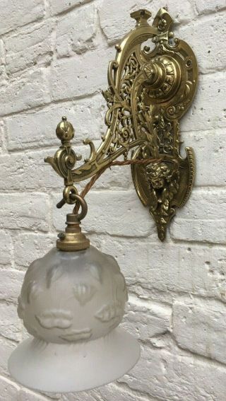 Antique Ornate Pierced & Cherub Brass Wall Light With Frosted Art Nouveau Shade