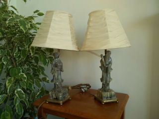 Pair Vintage Chinese Carved Soapstone Figures Table Lamps With Shades