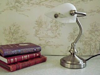 French Vintage Silver Metal Bankers Lamp White Opaque Movable Glass Shade 2559