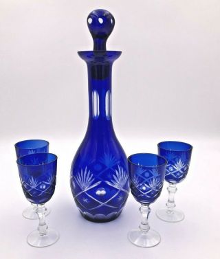 Vtg Set Of Bohemian Czech Cut To Clear Cobalt Blue Crystal Decanter/4 - Glass