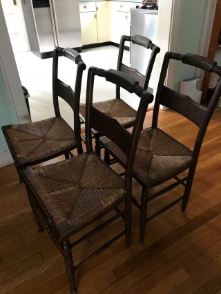 Set Of 4 - 35 " Antique Wood Hitchcock Side Chairs Rush Seats Finish