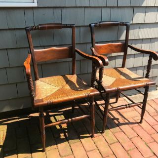 Set Of 2 - 35 " Antique Wood Hitchcock Arm Chairs Rush Seats Finish